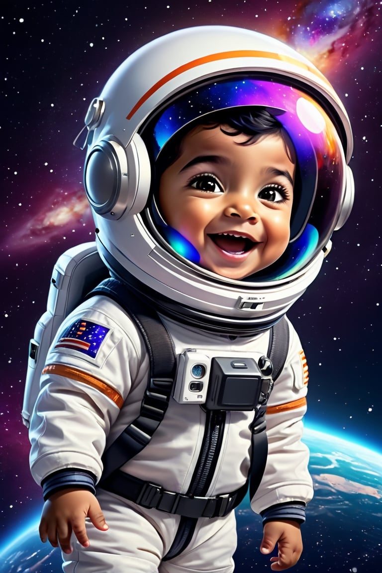 Little Muslim boy dressed as an astronaut cheering with an open helmet, floating in space, high contrast, galaxy background, photorealistic digital painting by a talented artist, bright and saturated color scheme, highly detailed 8K resolution octane render portrait,render portrait ,3d, chibi pixar style
