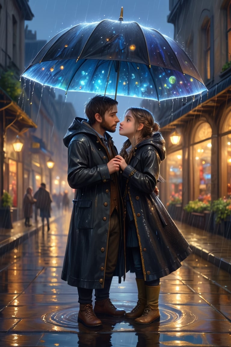 Highly detailed painting, Jean-Baptiste Monge style, cute lovers gathering in the rain under long black raincoats, water splashes, sparkling, cute and adorable, filigree, lights, ethereal, magical, surreal, fantasy, digital art, ultra hd, hyper-realistic illustrations, vivid colors, UHD, cinematic perfect light,greg rutkowski
