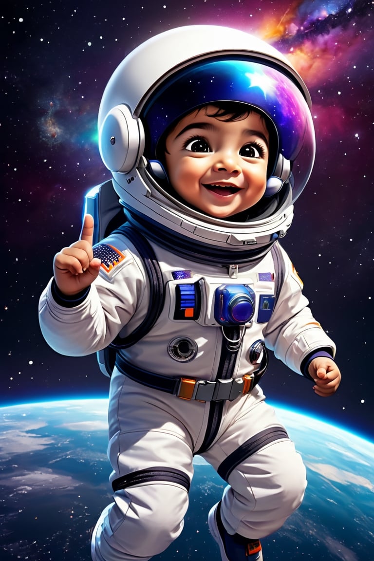 Little Muslim boy dressed as an astronaut cheering with an open helmet, floating in space, high contrast, galaxy background,full body, photorealistic digital painting by a talented artist, bright and saturated color scheme, highly detailed 8K resolution octane render portrait,render portrait ,3d, chibi pixar style
