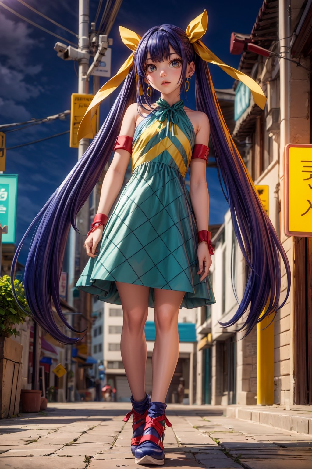 Masterpiece, Best quality, High resolutions, long navy blue hair, with straight bangs and a colorful ribbon on the head. Her eyes are also blue and she wears silver cross-shaped earrings., Aawendy, long hair, twintails, hair ornament, bare shoulders, light green dress with yellow stripes.