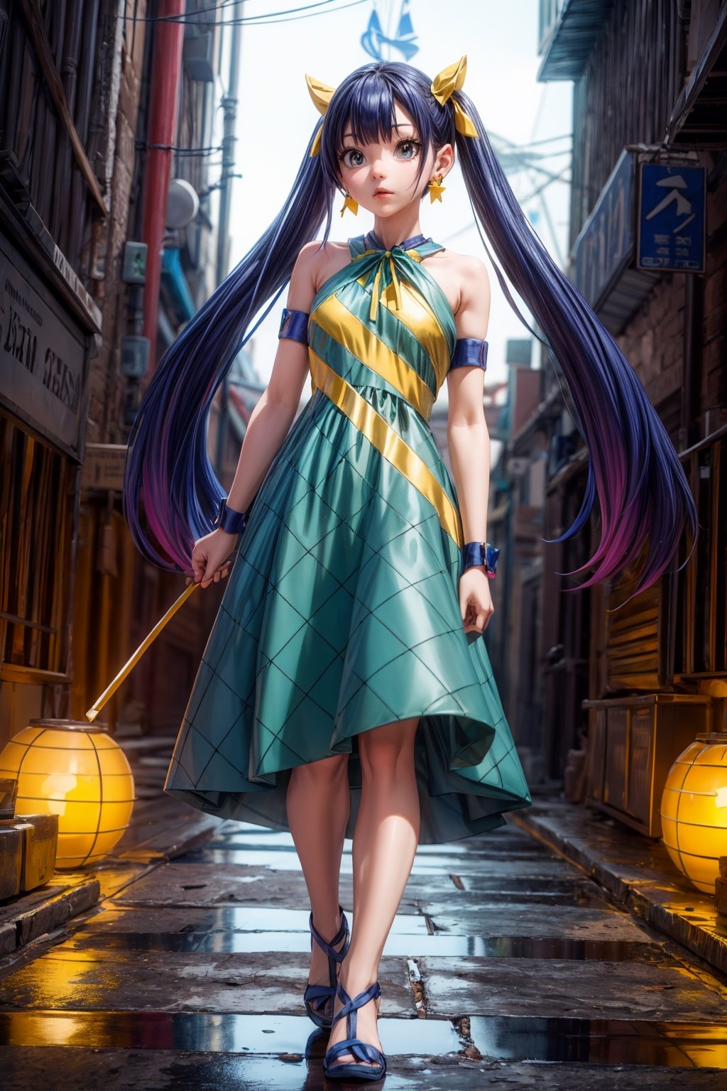 Masterpiece, Best quality, High resolutions, long navy blue hair, with straight bangs and a colorful ribbon on the head. Her eyes are also blue and she wears silver cross-shaped earrings., Aawendy, long hair, twintails, hair ornament, bare shoulders, light green dress with yellow stripes.