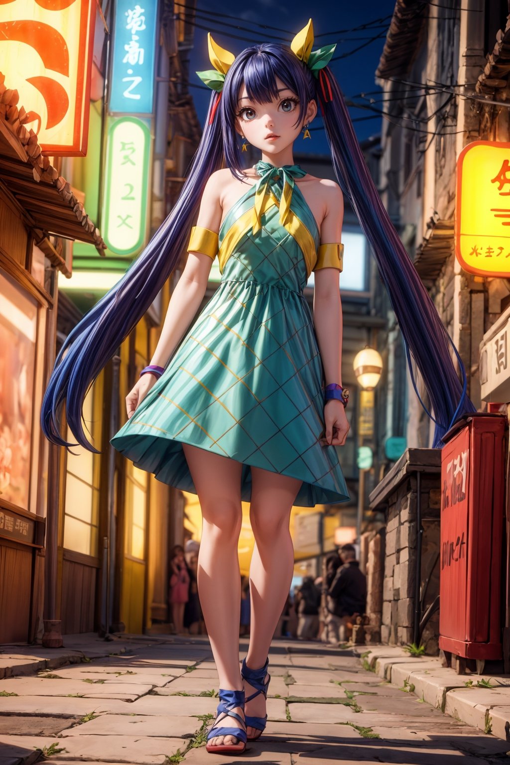 Masterpiece, Best quality, High resolutions, long navy blue hair, with straight bangs and a colorful ribbon on the head. Her eyes are also blue and she wears silver cross-shaped earrings., Aawendy, long hair, twintails, hair ornament, bare shoulders, light green dress with yellow stripes.