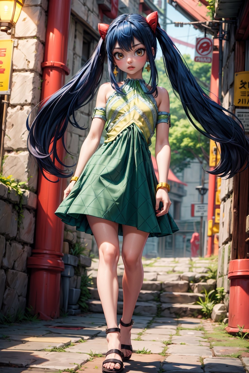 Masterpiece, Best quality, High resolutions, long spiky, brush-colored hair, up to the waist. Her eyes are also blue and she wears silver cross-shaped earrings., Aawendy, long hair, twintails, hair ornament, bare shoulders, light green dress with yellow stripes.,aawendy