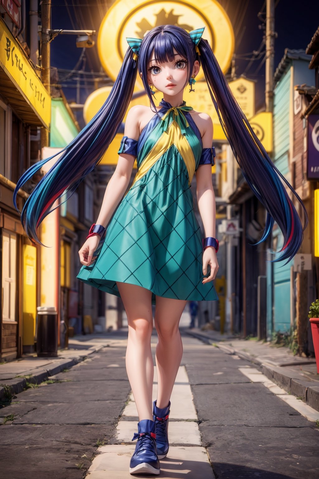 Masterpiece, Best quality, High resolutions, long navy blue hair, with straight bangs and a colorful ribbon on the head. Her eyes are also blue and she wears silver cross-shaped earrings., Aawendy, long hair, twintails, hair ornament, bare shoulders, light green dress with yellow stripes.