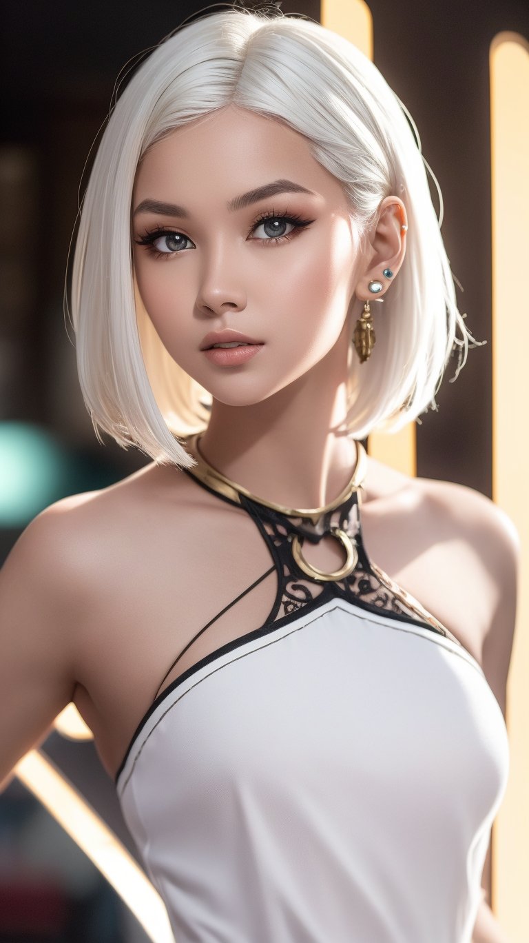 short white hair, 1girl, accessories, piercing, intricate background, fantasy, mythical, misterious, masterpiece, best quality, dynamic angle, cinematic composition, detailed face