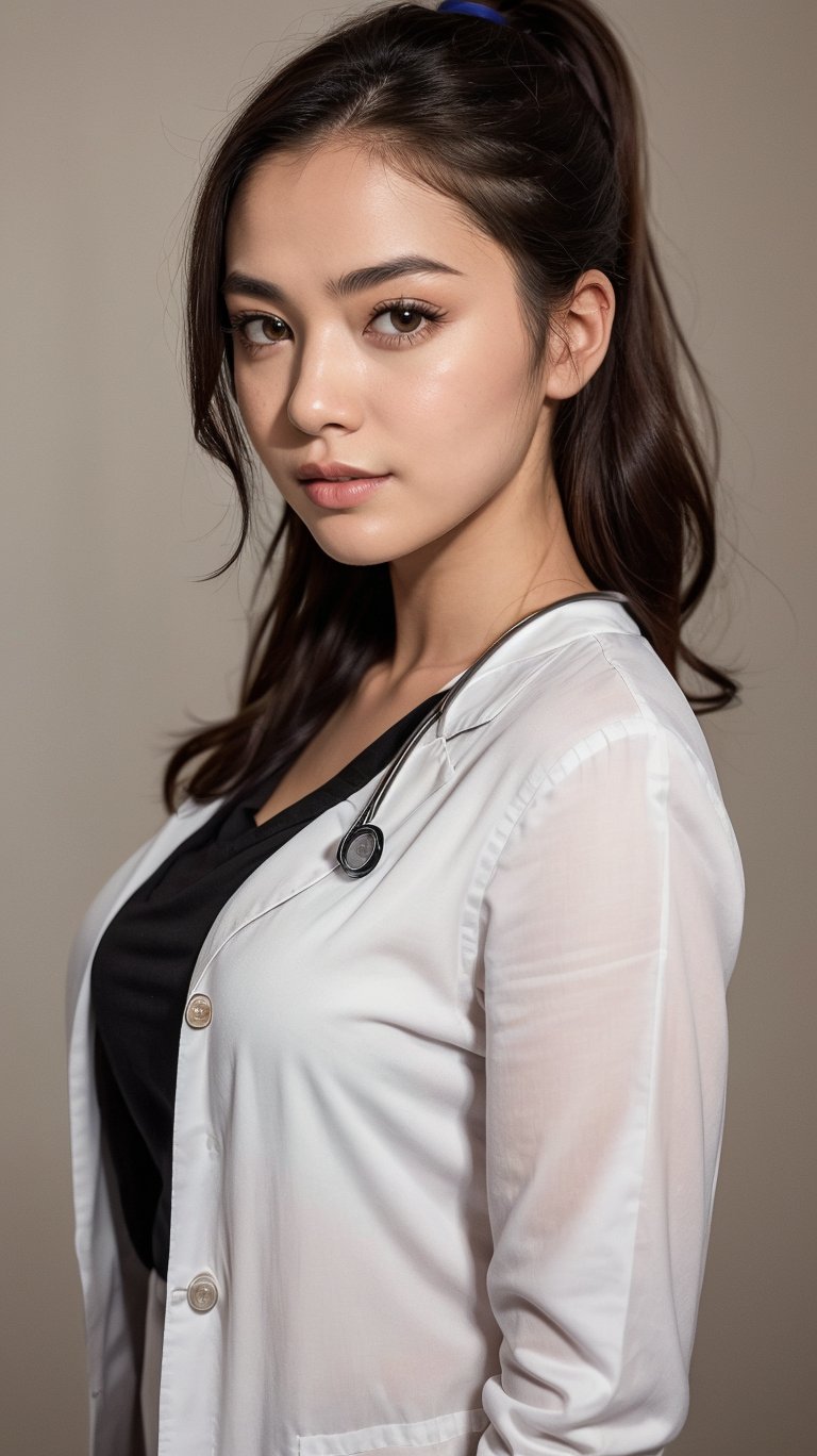 A 16-year-old girl with a ponytail hairstyle and a female doctor's coat over a white shirt, stands confidently in front of a subtle gradient background. Her highly detailed face is lit with perfect lighting, showcasing her very complicated yet flawless features. The dramatic shadow beneath her eyes adds depth to her gaze, as she looks directly at the viewer with a slight smile (0.4). Ray tracing enhances the overall shine on her skin, making it look radiant and flawless.