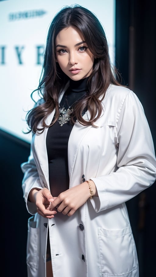 (Realistic, Photorealistic: 1.37), labcoat, white coat, K-Pop idol, ((highest quality)), ((intricate details)), ((surrealistic)), absurd resolution, 18 years old, young , sexy woman, point view, highly detailed illustration, one girl, medium breasted, perfect hands, detailed fingers, beautifully detailed eyes, medium long hair, brown eyes, (turtleneck: 1.2), tight skirt, Detailed background, choker, perfect eyes, enchanting eyes, looking. Viewed from the front