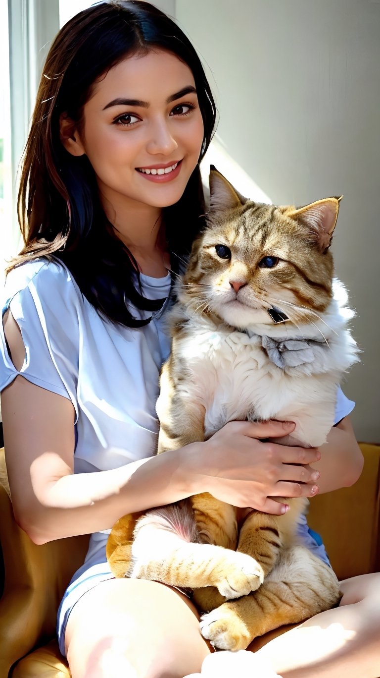 a youthful woman with a gentle smile cradling a fluffy cat. The shot, taken with a DSLR camera, boasts hyper-realistic detail. Sunlight filters through a nearby window, highlighting the intricate textures of the woman's light, airy dress and the soft, intricate fur patterns of the cat she holds lovingly. Each strand of hair, the subtle expressions in their eyes, and the delicate interplay of shadows and light are rendered with astounding clarity and depth. This image, rich in detail and emotion, showcases the bond between human and pet, evoking a sense of warmth and serenity.