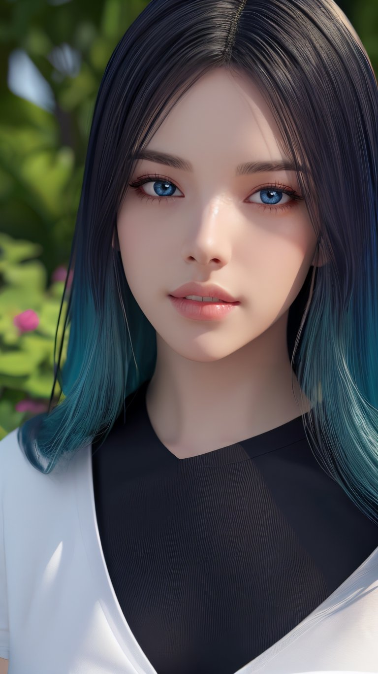 ((1girl)),kozuki hiyori, (3d rendering),(3d girl), ((solo)), Half body, details, (Long straight hairs),((blue-green hair:0.8)),big eyes,( detailed beautiful eyes), ( detailed face), (extremely detailed CG, ultra-detailed, best shadow), ((depth of field)), (loses black shirt),flowers and petals