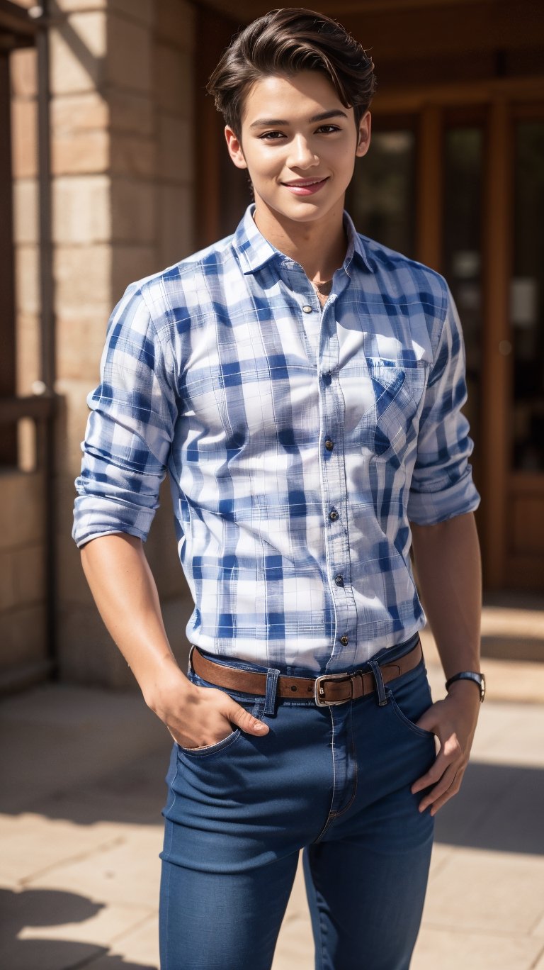 1 20 years old teenager boy, wear check shirt,  and jeans, handsome face, perfect eyes, perfect face expression, cute smile, realistic ,photo of perfecteyes eyes