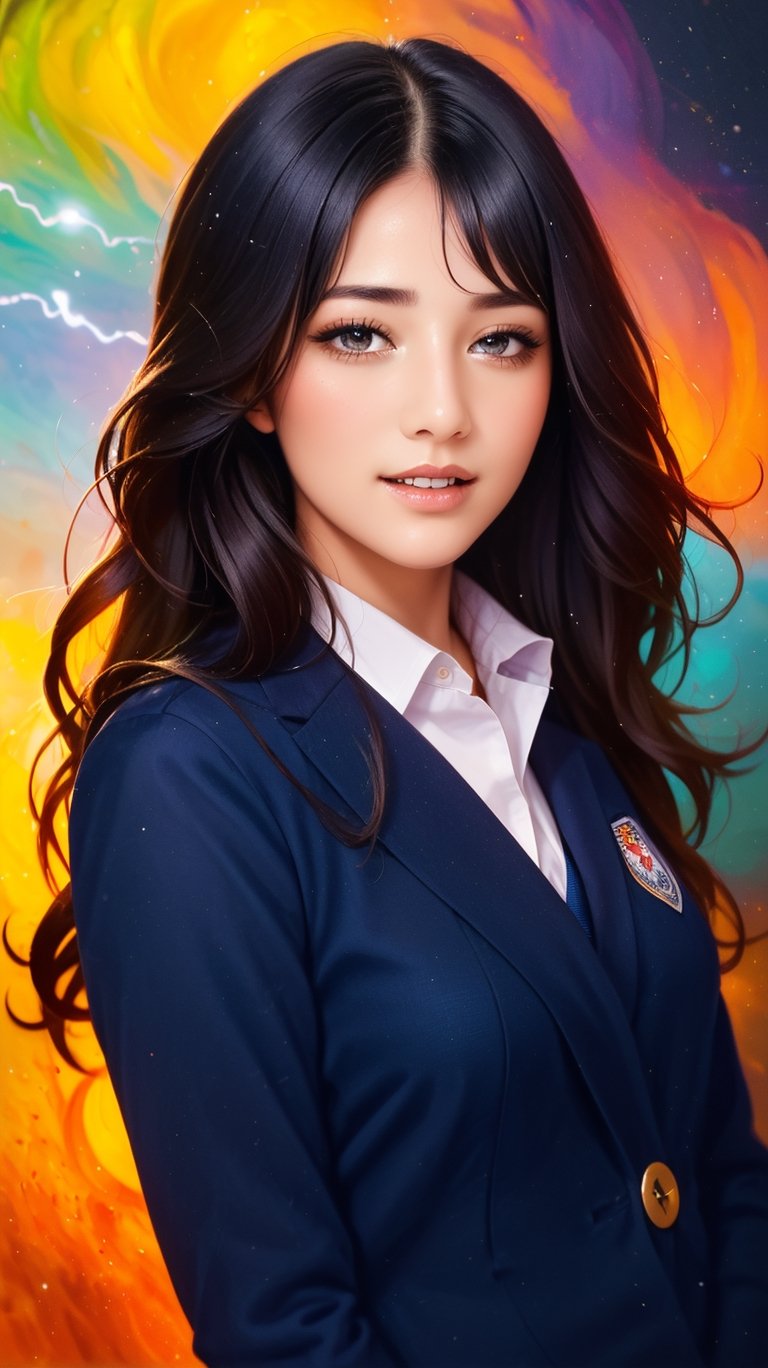 (1girl:1.2), cute, extreme detailed, (abstract, fractal art),(black_hair:1.1), colorful,highest detailed, facing_viewer, lightning, ewelry:1.4, school uniform, long curly wave hair, full_body, ,school uniform, 