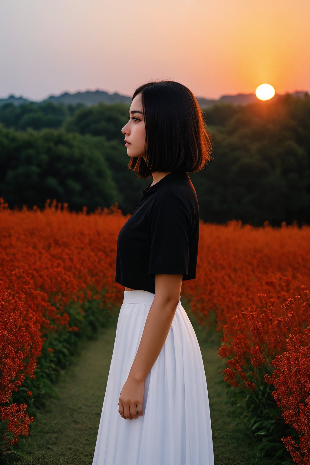 1girl, solo, short hair, black hair, White long skirt,whole body, flower, redscale, profile,sunset,movie mood,Beautiful