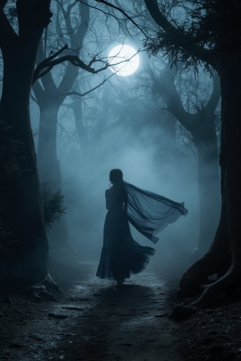 A woman's silhouette emerges from the misty veil of a dark fantasy forest, her long dress fluttering behind like a dark wing. The trees' twisted branches reach for her like skeletal fingers, illuminated by an eerie moonlight that casts long shadows across the dirt path. In the 3v3 composition, the woman's figure is framed by the central tree trunk, while the two flanking trees create a sense of depth and foreboding.