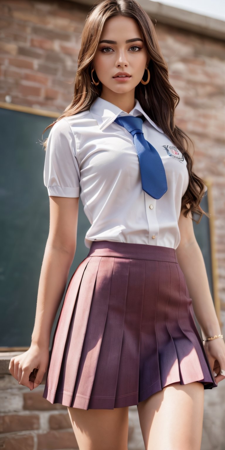 (Masterpiece, highest quality, ultra detail, 8K), 1girl, petite body, pointy breasts, ((school uniform:1.5)), texture detailed, wide hips, skin pores, detailed skin, pink lips, brown bob hair,earrings, in the school, ((realistic lighting, hyper realistic, insanely detailed and intricate, hyper maximalist, elegant, super detailed, dynamic pose, photography, volumetric, ultra - detailed, 8k))