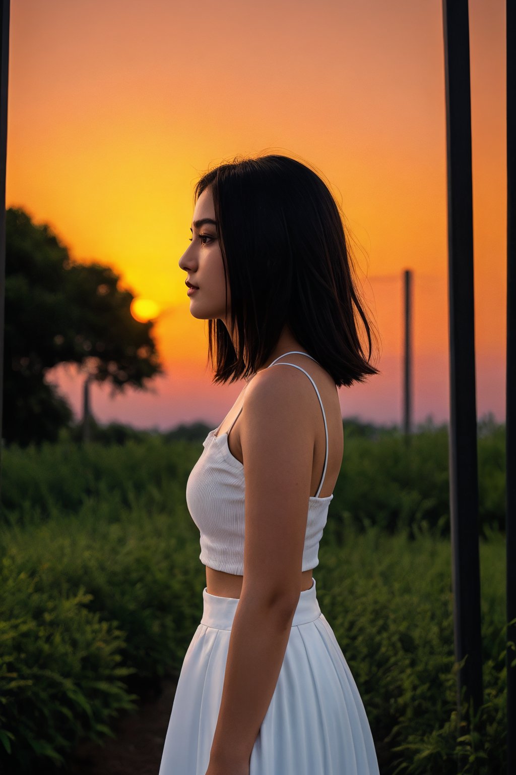 1girl, solo, short hair, black hair, White long skirt,whole body, flower, redscale, profile,sunset,movie mood,Beautiful