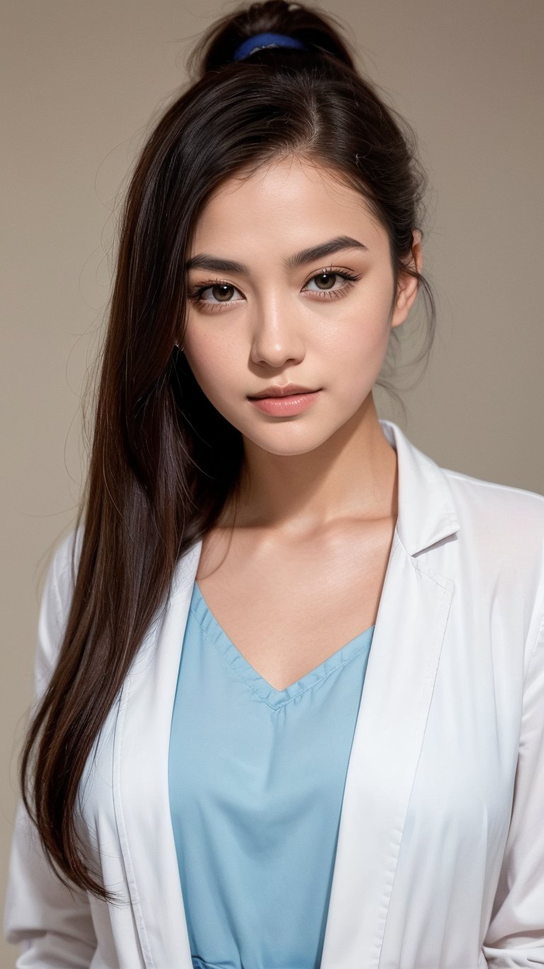 A 25-year-old girl with a ponytail hairstyle and a female doctor's coat over a white shirt, stands confidently in front of a subtle gradient background. Her highly detailed face is lit with perfect lighting, showcasing her very complicated yet flawless features. The dramatic shadow beneath her eyes adds depth to her gaze, as she looks directly at the viewer with a slight smile (0.4). Ray tracing enhances the overall shine on her skin, making it look radiant and flawless.