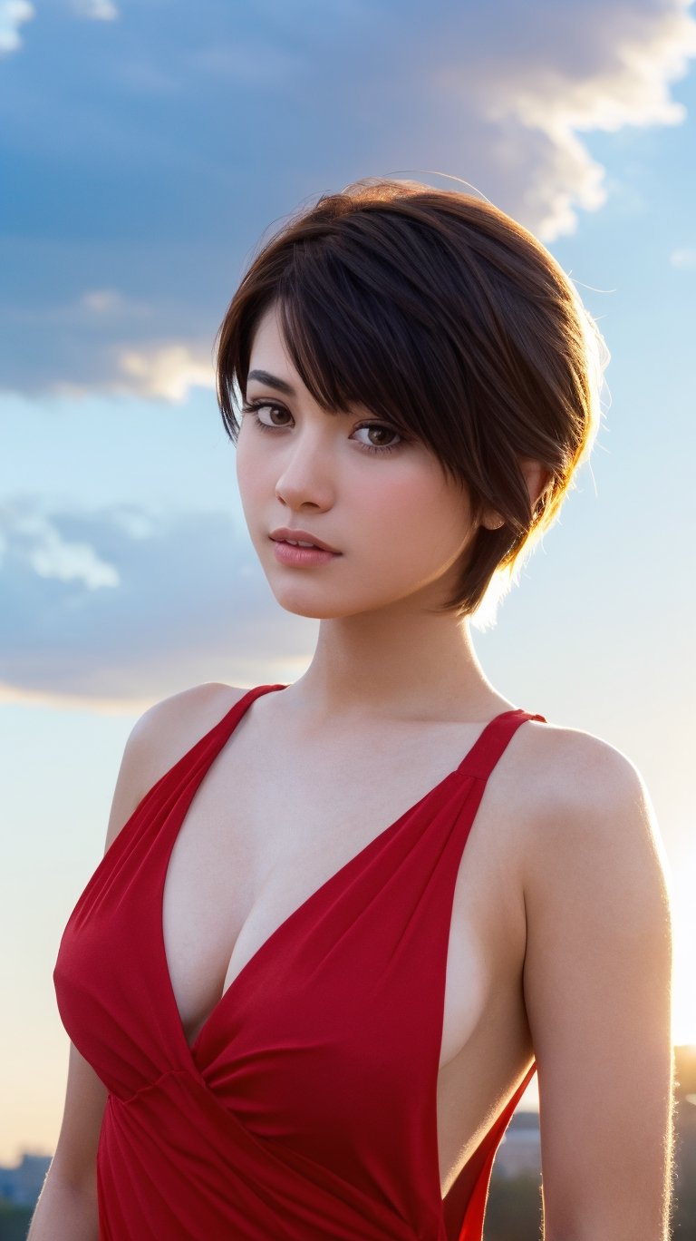 {extremely detailed, beautiful dark silhouette of a female in a red dress:see-through}, (short hair), (detailed face), dramatic sky, heavy backdrop lights, dramatic background, lots of detail, sharp focus,
