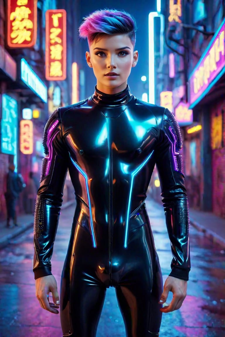 Beautiful 3d image of a young man wearing a latex body suit, sexy, bright colored hiar, Hipster style haircut, standing in the street with a cyberpunk city backdrop, night, neon signs.