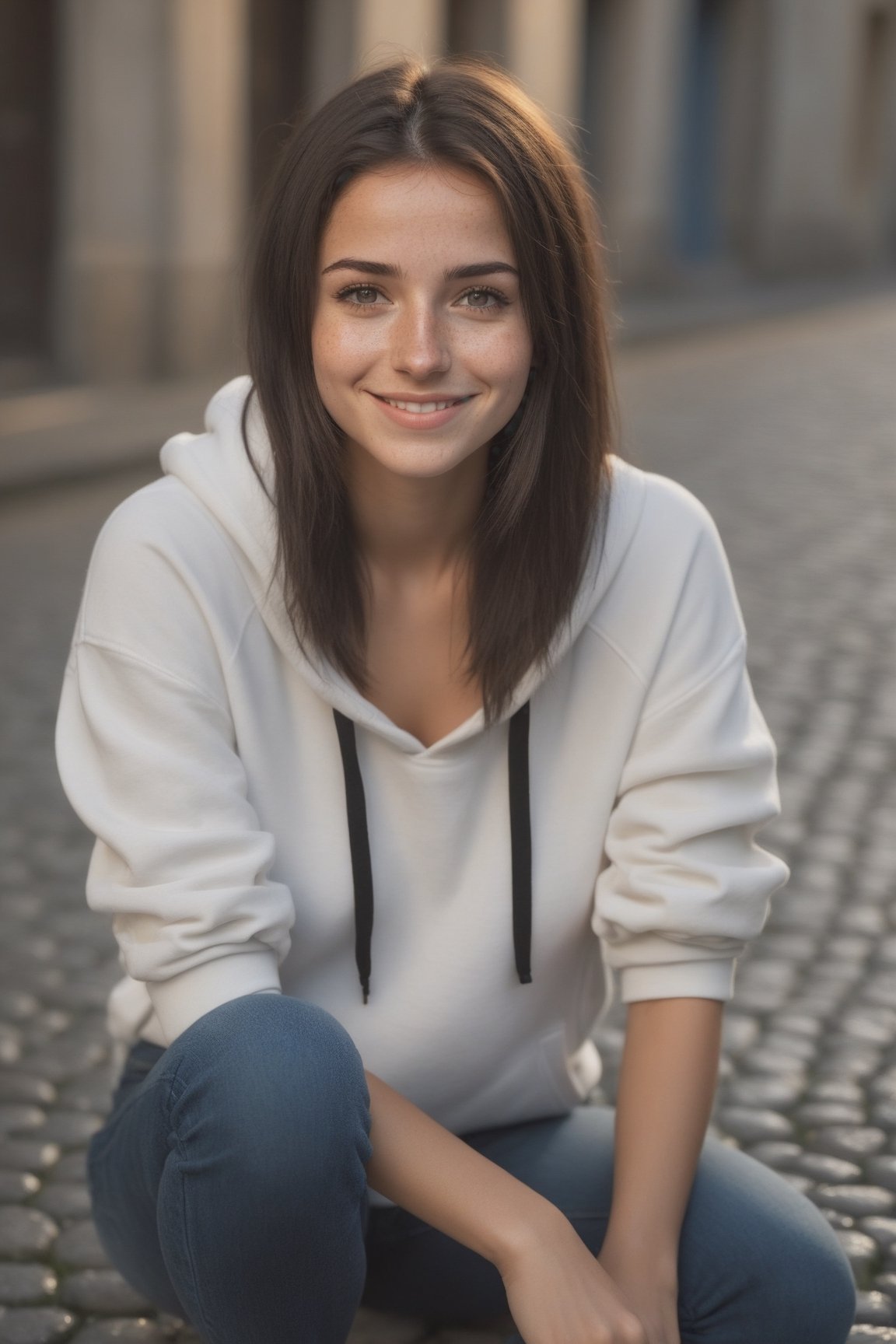 german, brazilian, woman in a shirt, black hoodie, sleeves, plain white t-shirt, blue jean pants, squatting on cobblestone, dusk, evening, cute smile, black hair, attractive body, natural body, friendly seductive smile, beautiful body, freckles, seductive smile, dark brown hair, dimples, small_breasts, tiny_breasts, natural breast, saggy breasts, small tits, small breasts. wink, winking, close up face, no pocket, face, face only, round eyes,thin face, narrow face. light freckles chest, light brown eyes