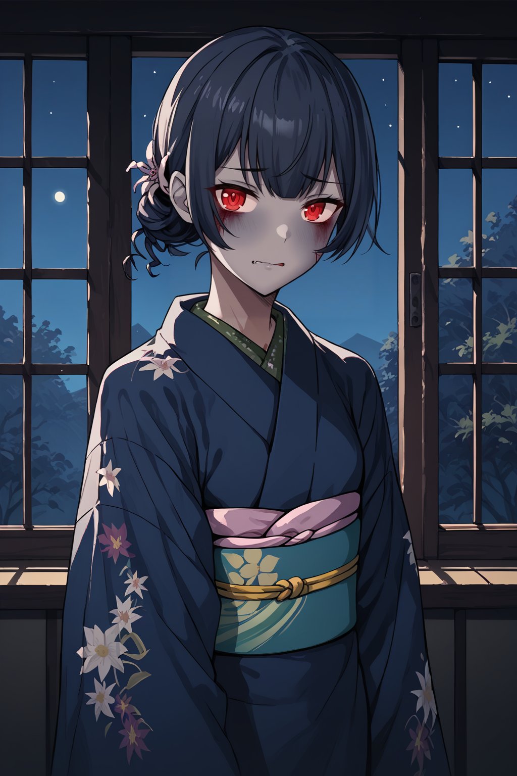 score_9, score_8_up, score_7_up, score_6_up, score_5_up, score_4_up, BREAK source_anime, 1girl, morino rinze, looking at viewer, single hair bun, hair flower, red eyes, blue kimono, floral print, long sleeves, indoors, modern, window, night sky, sinozick style, flat color, dark theme