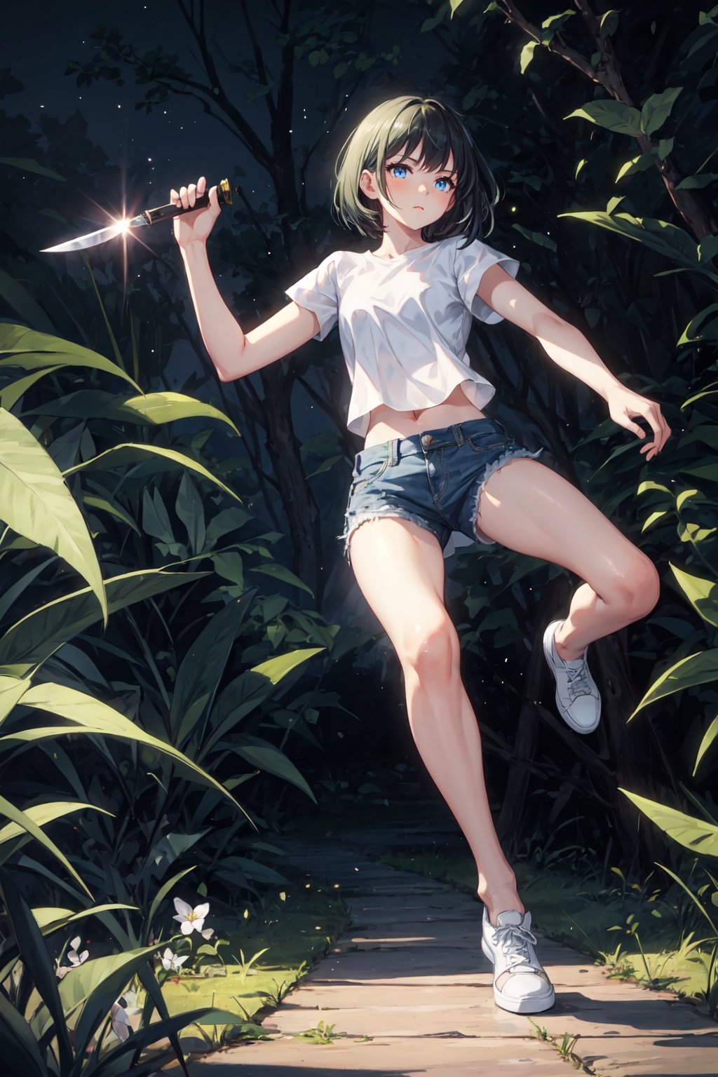 1girl, slim, black hair, bob cut, bangs, blue eyes, white shirt, short sleeve, holding one knife, blue denim short, white shoes, standing, grassfield, dark, night sky