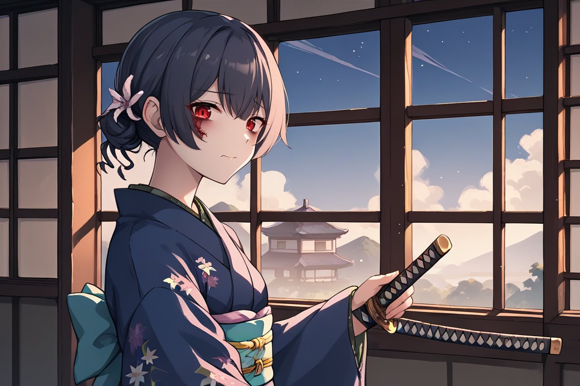 score_9, score_8_up, score_7_up, score_6_up, score_5_up, score_4_up, BREAK source_anime, 1girl, zombie, morino rinze, looking at viewer, single hair bun, hair flower, red eyes, blue kimono, floral print, long sleeves, katana, indoors, modern, window, night sky, sinozick style, flat color, dark theme