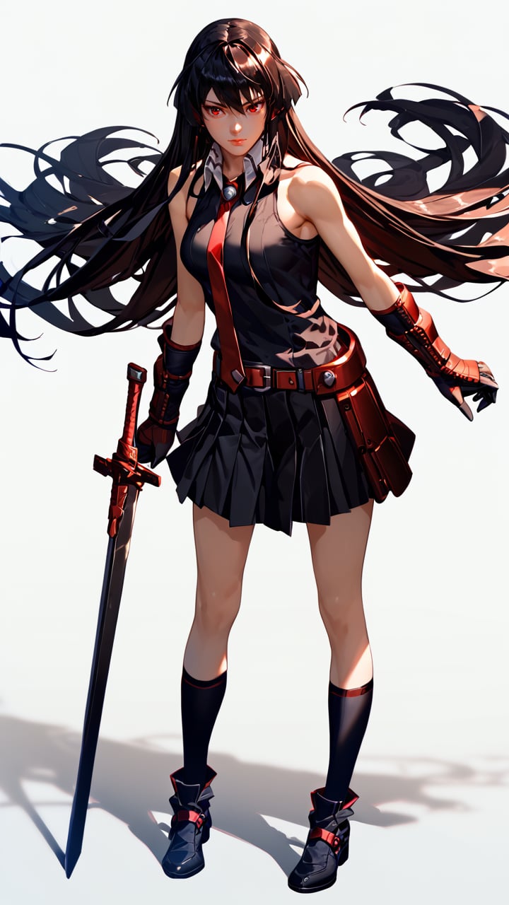 score_9, score_8_up, score_7_up, 1girl, Akame,RED EYES, LONG HAIR, BLACK HAIR,BLACK DRESS, SLEEVELESS, PLEATED SKIRT,BLACK SHIRT, NECKTIE,GAUNTLETS, RED BELT, black shoes, standing, white background, simple background