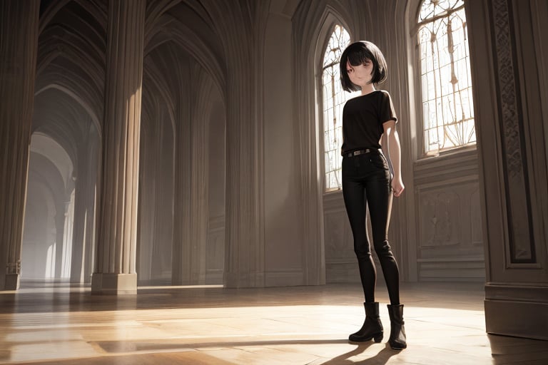 (masterpiece), best quality, medieval castle, indoor, 1girl, standing, brown eyes, black hair, short hair, shirt, short sleeve, skinny pants, boots, dark, moody