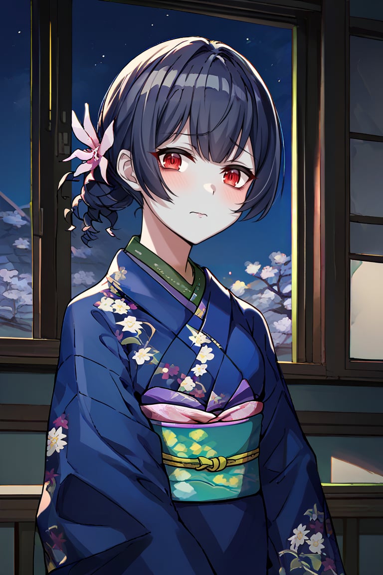 score_9, score_8_up, score_7_up, score_6_up, score_5_up, score_4_up, BREAK source_anime, 1girl, zombie, morino rinze, looking at viewer, single hair bun, hair flower, red eyes, blue kimono, floral print, long sleeves, indoors, modern, window, night sky