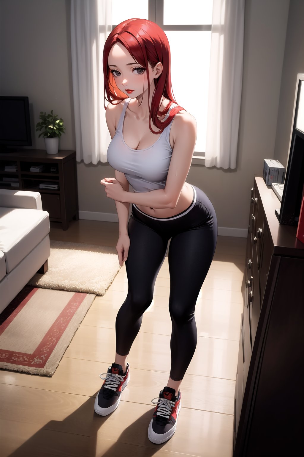 1girl, mature female, forehead, red hair, straight hair, long hair, black tank top, brown skinny pants, sneaker, standing, living room, indoor, [fisheye lens:: 1], masterpiece, best quality, absurdres