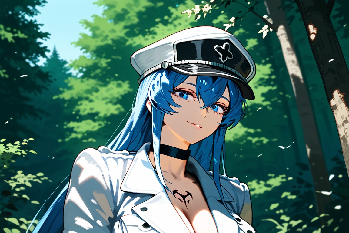 1girl, solo, mature female, aldult, blue eyes, blue hair, long hair, hat, peaked cap, cleavage, large breasts, military uniform, military, uniform, choker, chest tattoo, upper body, standing, outdoors, nature, trees, ESDEATH, depth of field, best quality, amazing quality, very aesthetic, best details, highres, score_9, score_8, score_7