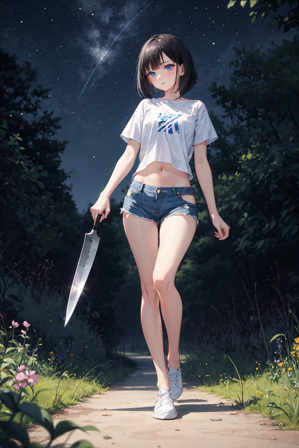 1girl, slim, black hair, bob cut, bangs, blue eyes, white shirt, short sleeve, holding one knife, blue denim short, white shoes, standing, grassfield, dark, night sky