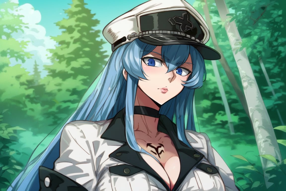 score_9, score_8_up, score_7_up, score_6_up, score_5_up, score_4_up, BREAK source_anime, 1girl, solo, mature female, aldult, blue eyes, blue hair, long hair, hat, peaked cap, cleavage, large breasts, military uniform, military, uniform, choker, chest tattoo, upper body, standing, outdoors, nature, ESDEATH,oshi_no_ko_style