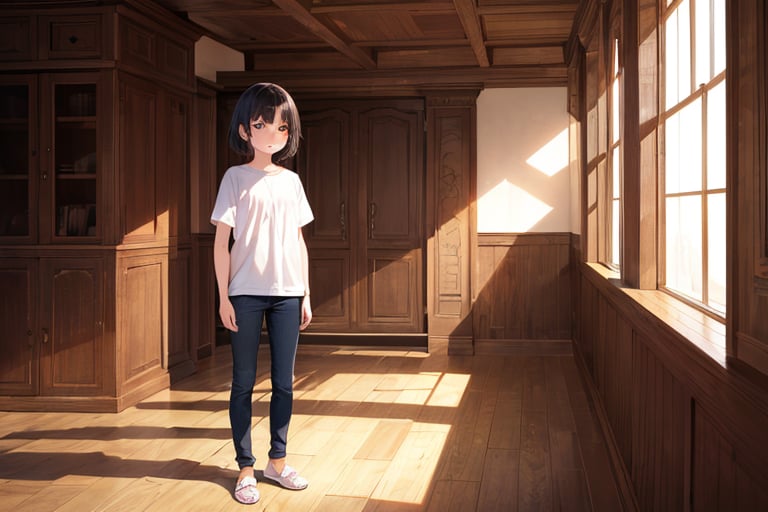 (masterpiece), best quality, medieval, casrtle interior, 1girl, standing, brown eyes, black hair, short hair, shirt, short sleeve, skinny pants