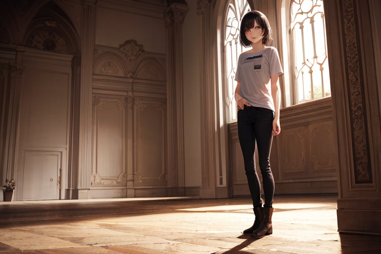 (masterpiece), best quality, castle, indoor, 1girl, standing, brown eyes, black hair, short hair, shirt, short sleeve, skinny pants, boots, dark, moody