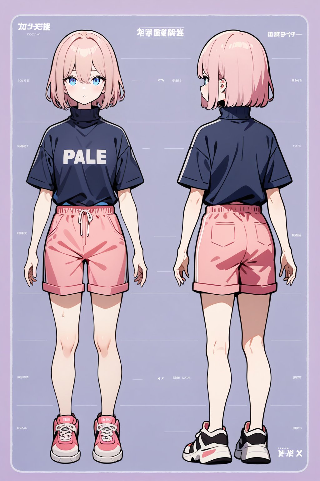 1girl, pale, pink hair, short hair, hair between eyes, blue shirt, turtleneck, short sleeve, pink sweat shorts, sneakers, standing, character sheet, turnaround, masterpiece, best quality, absurdres, very aesthetic, newest, General