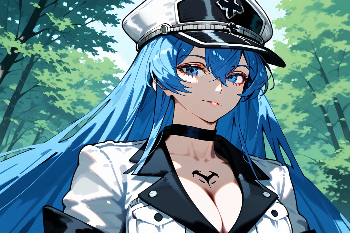 1girl, solo, mature female, aldult, blue eyes, blue hair, long hair, hat, peaked cap, cleavage, large breasts, military uniform, military, uniform, choker, chest tattoo, upper body, standing, outdoors, nature, trees, ESDEATH, depth of field, best quality, amazing quality, very aesthetic, best details, highres, score_9, score_8, score_7