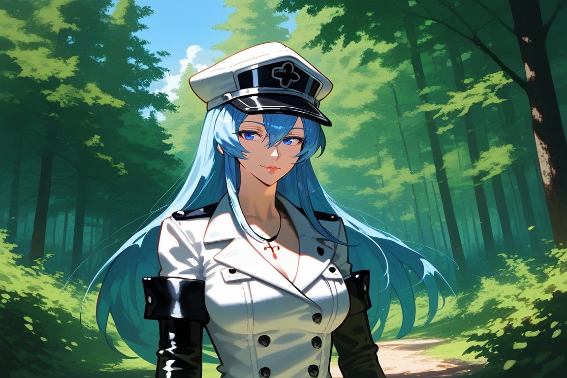 1girl, solo, mature female, aldult, esdeath, upper body, standing, outdoors, nature, trees, depth of field, best quality, amazing quality, very aesthetic, best details, highres, score_9, score_8, score_7