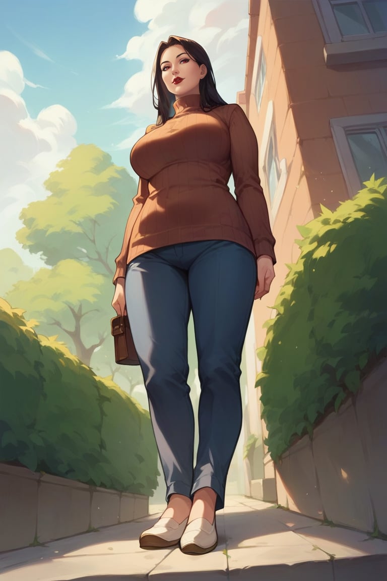 score_9,score_8_up,score_7_up,score_6_up, score_5_up, 1girl, mature female, black hair, long hair, straight hair, forehead, brown eyes, turtleneck sweater, pants, shoes, standing, outside, from below 