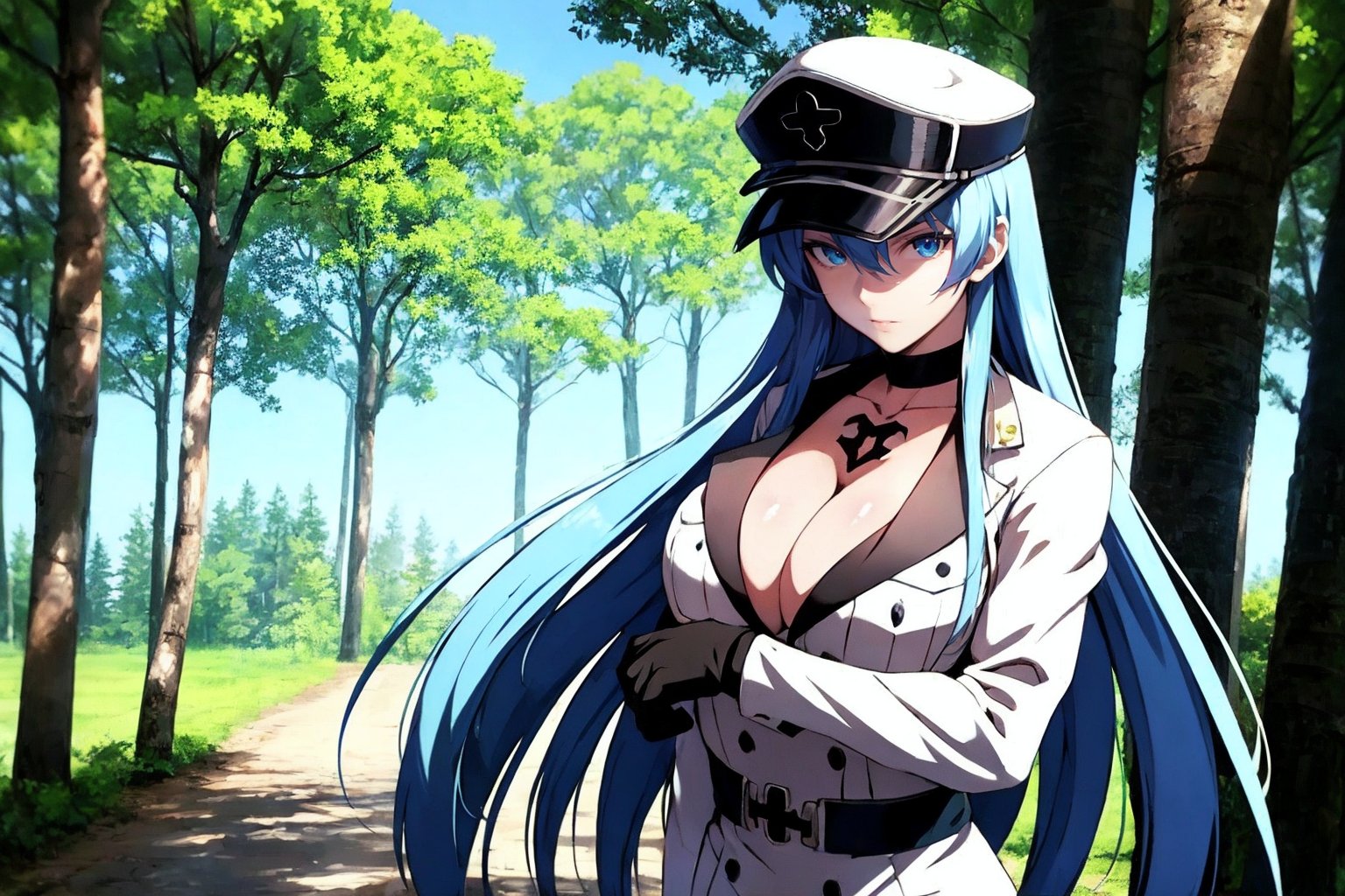 masterpiece, best quality, 1girl, solo, mature female, aldult, blue eyes, blue hair, long hair, hat, peaked cap, cleavage, large breasts, military uniform, military, uniform, choker, upper body, standing, outdoors, nature, trees, esdeath