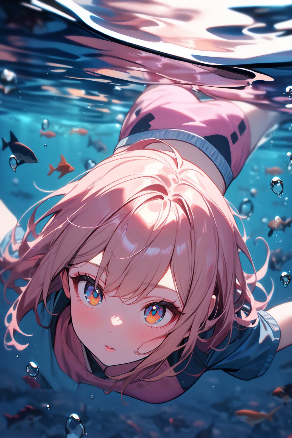 [1girl:3], [pale:3], [pink hair3], [short hair:3], [hair between eyes:3], [blue shirt:3], [short sleeve:3], [pink shorts:3, [sneakers:3], swimming, underwater, masterpiece, best quality, absurdres, very aesthetic, newest, General