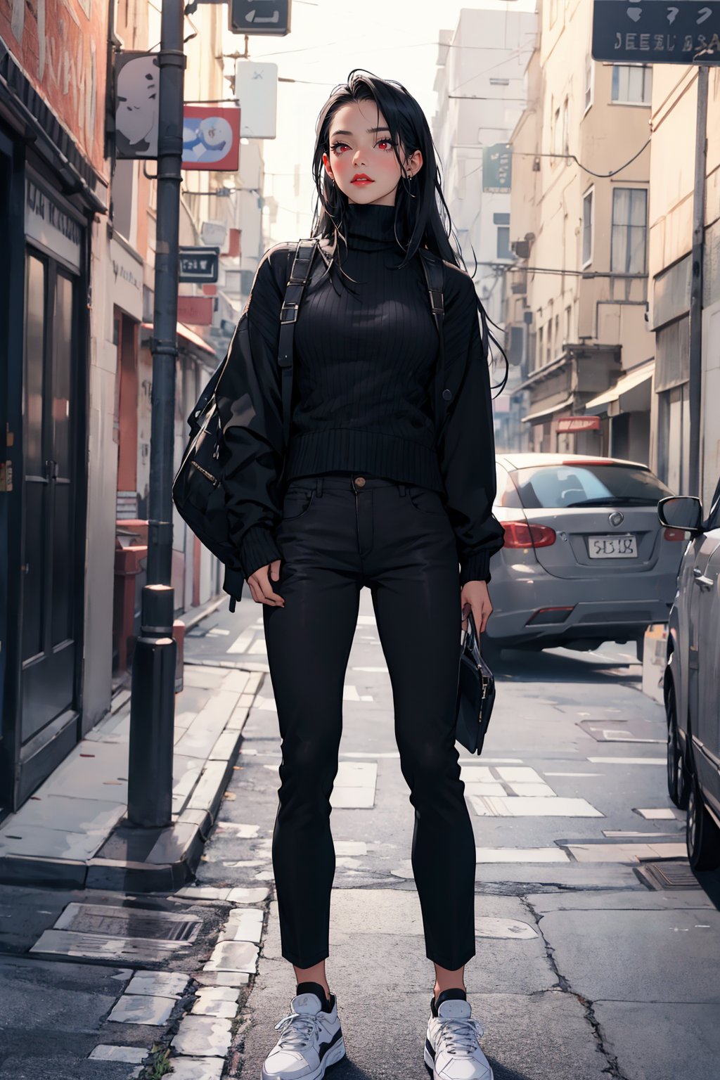 masterpiece, best quality, 1girl, mature female, black hair, long hair, straight hair, forehead, turtleneck sweater, pants, shoes, standing, outside, [fisheye lens:: 1]