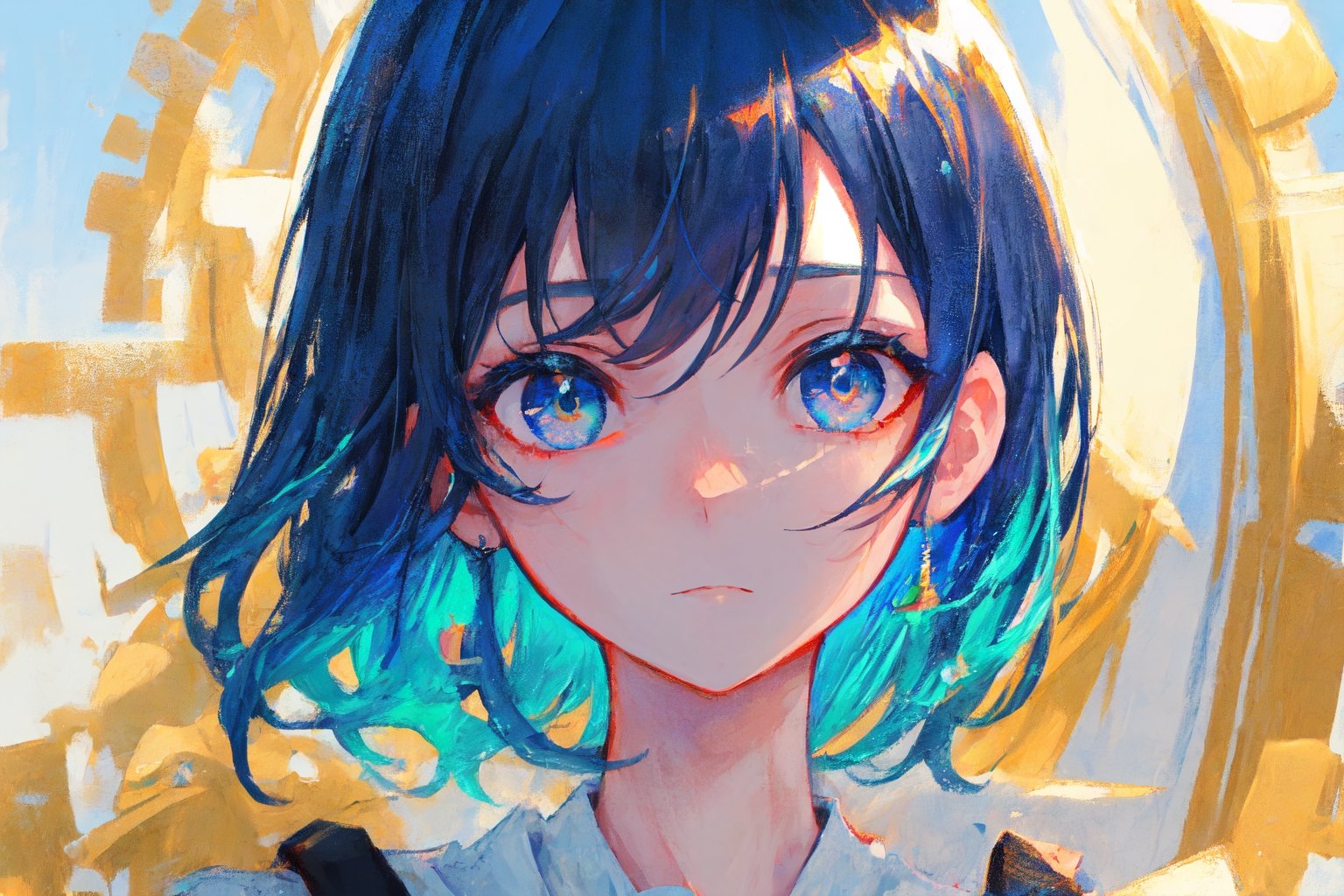 masterpiece, best quality, ultra-detailed, illustration, close-up, straight on, face focus, 1girl, blue hair, golden eyes, short hair, casual clothing, serene expression, looking at viewer