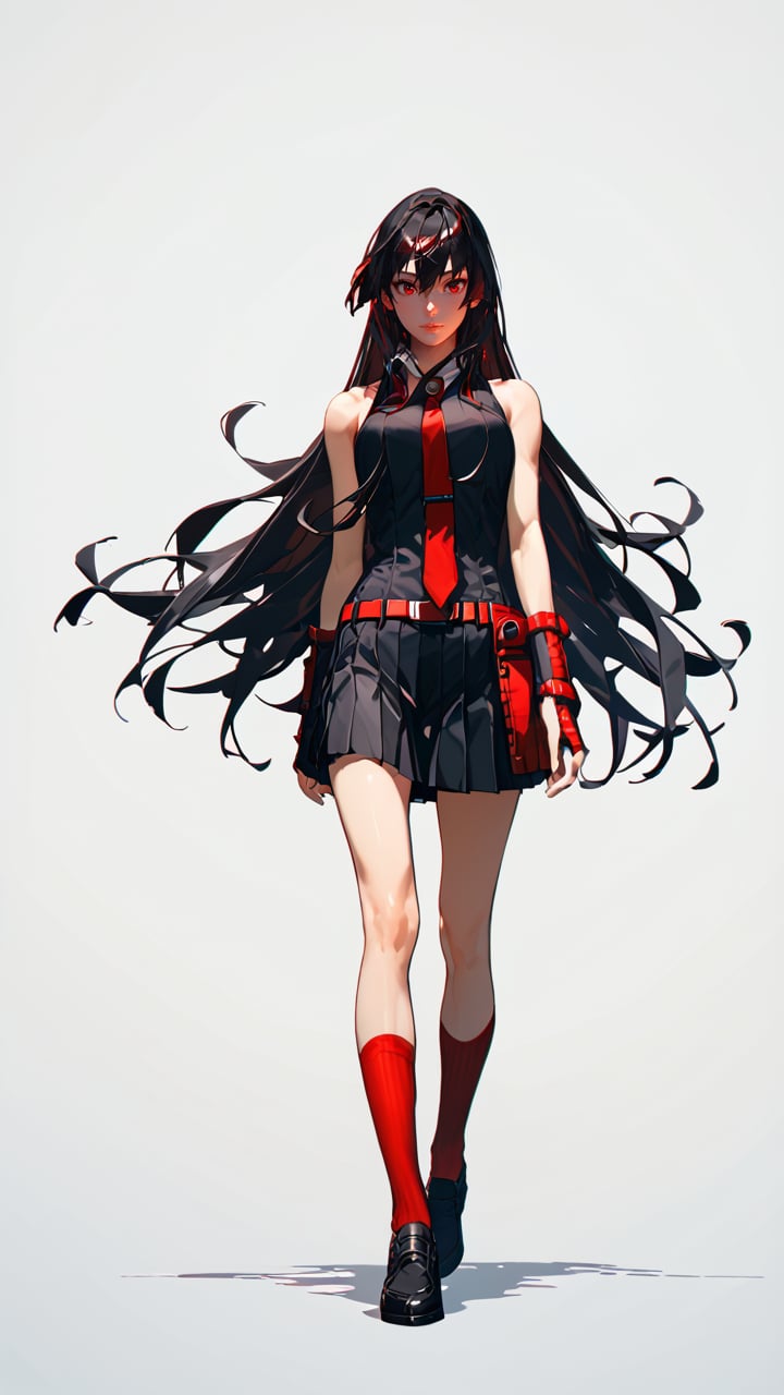 score_9, score_8_up, score_7_up, 1girl, Akame,RED EYES, LONG HAIR, BLACK HAIR,BLACK DRESS, SLEEVELESS, PLEATED SKIRT,BLACK SHIRT, NECKTIE, RED BELT, black shoes, standing, from front, white background, simple background