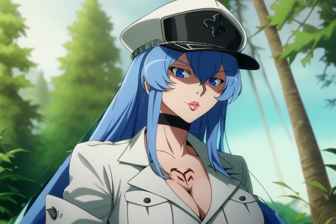 1girl, solo, mature female, aldult, blue eyes, blue hair, long hair, hat, peaked cap, cleavage, large breasts, military uniform, military, uniform, choker, chest tattoo, upper body, standing, outdoors, nature, ESDEATH, depth of field, best quality, amazing quality, very aesthetic, best details, highres, score_9, score_8, score_7, oshi_no_ko_style