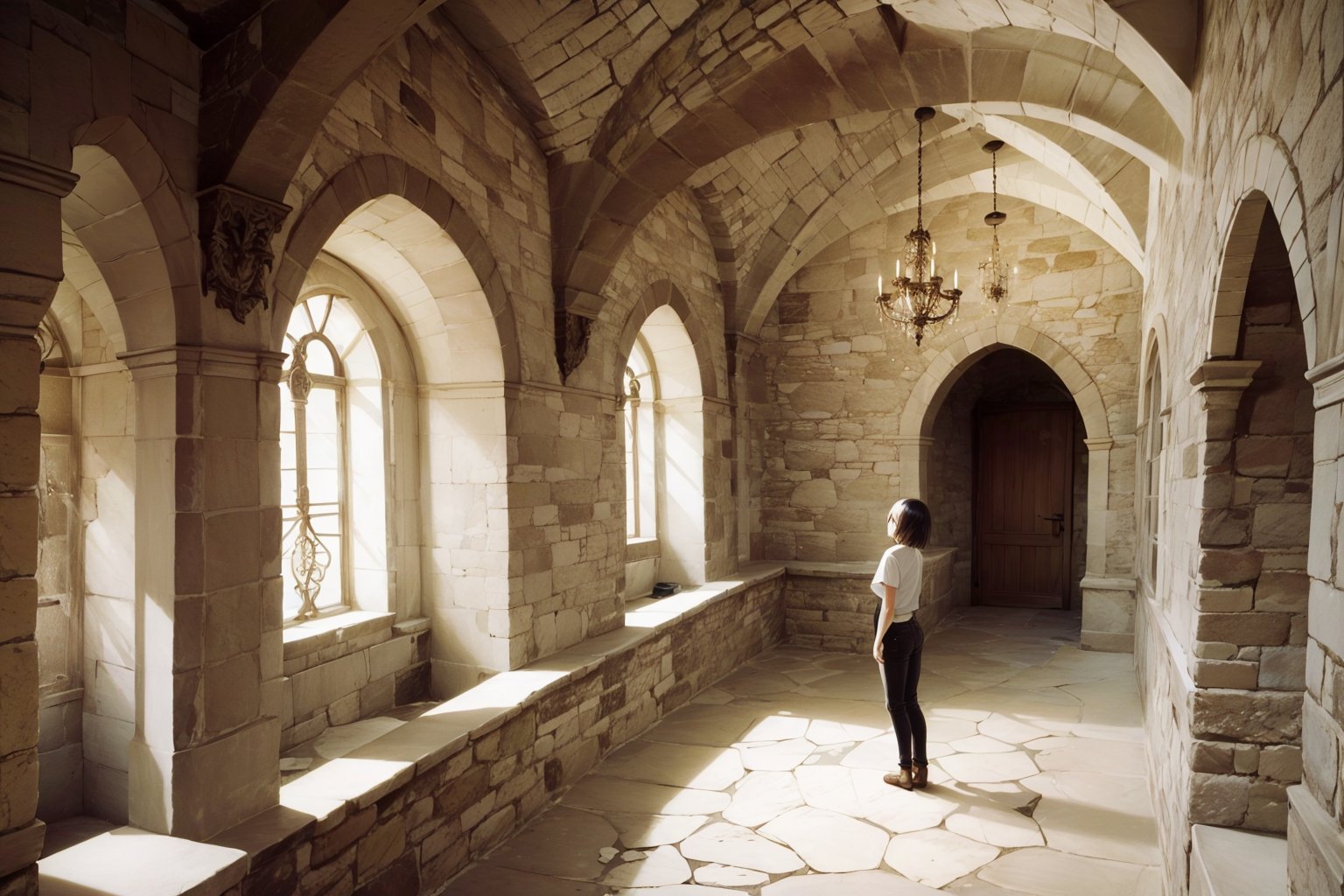 (masterpiece), best quality, castle, indoor, 1girl, standing, brown eyes, black hair, short hair, shirt, short sleeve, skinny pants