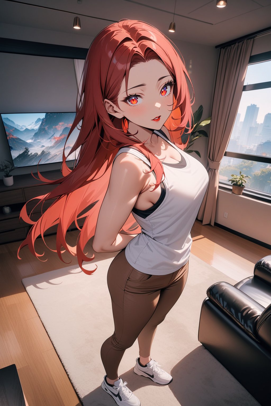 1girl, mature female, forehead, red hair, straight hair, long hair, red eyes, tank top, brown skinny pants, sneaker, standing, living room, indoor, [fisheye lens:: 1], masterpiece, best quality, absurdres, very aesthetic, newest, General