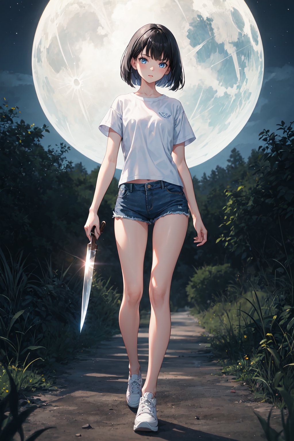 1girl, slim, black hair, bob cut, bangs, blue eyes, white shirt, short sleeve, holding one knife, blue denim short, white shoes, standing, grassfield, dark, night sky