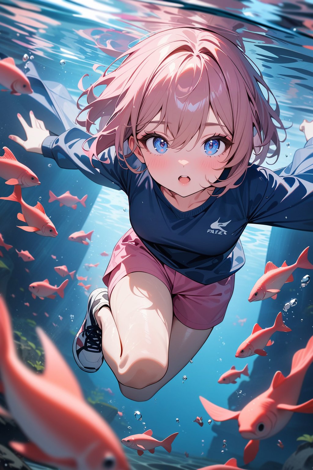 1girl, pale, pink hair, short hair, hair between eyes, blue shirt, pink shorts, sneakers, swimming, underwater, masterpiece, best quality, absurdres, very aesthetic, newest, General