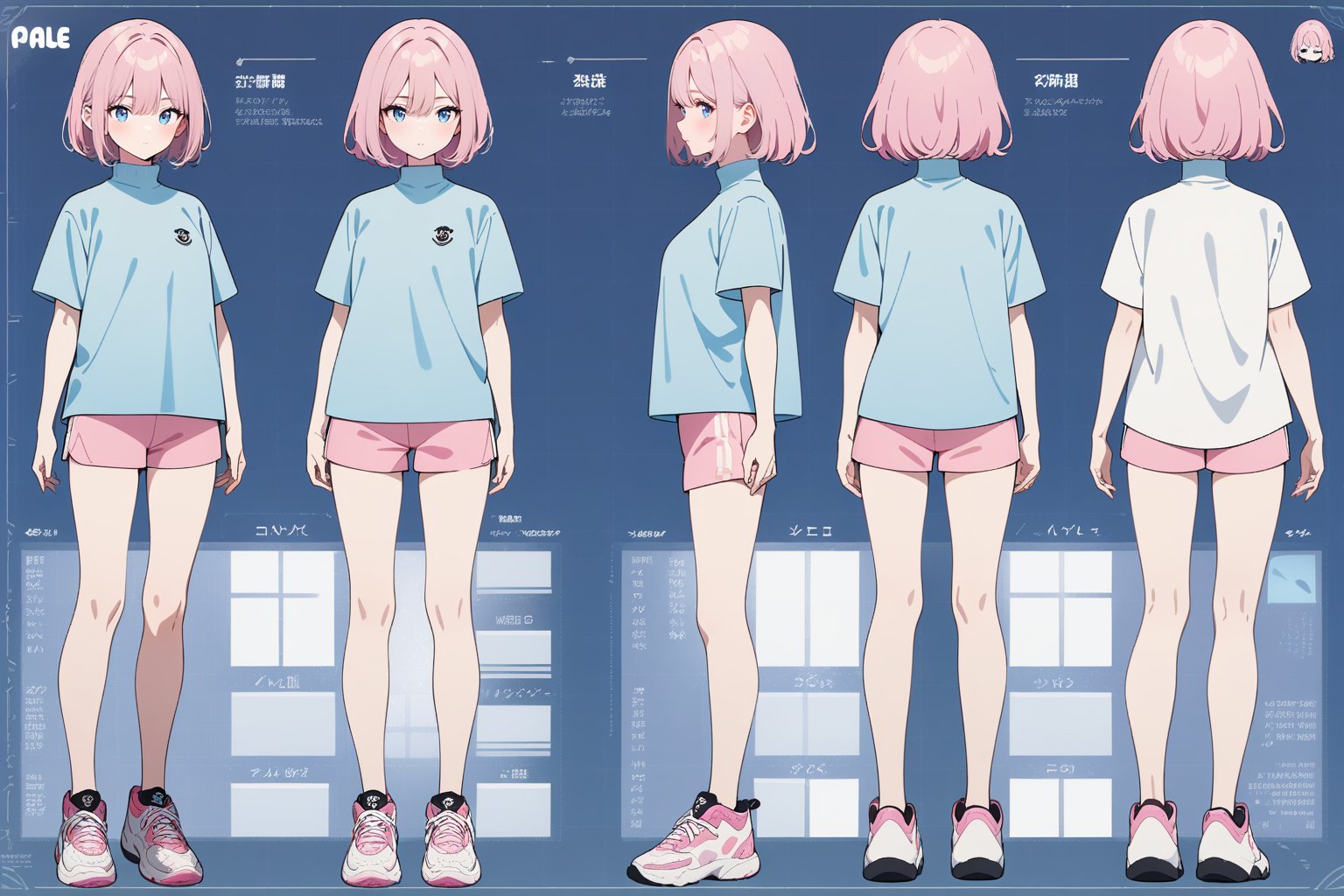 1girl, pale, pink hair, short hair, hair between eyes, blue shirt, turtleneck, short sleeve, pink sweat shorts, sneakers, standing, character sheet, turnaround, model sheet, masterpiece, best quality, absurdres, very aesthetic, newest, General